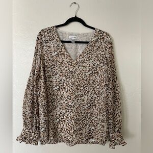 Calvin Klein Cream and Brown Leopard-Print V-Neck Blouse
